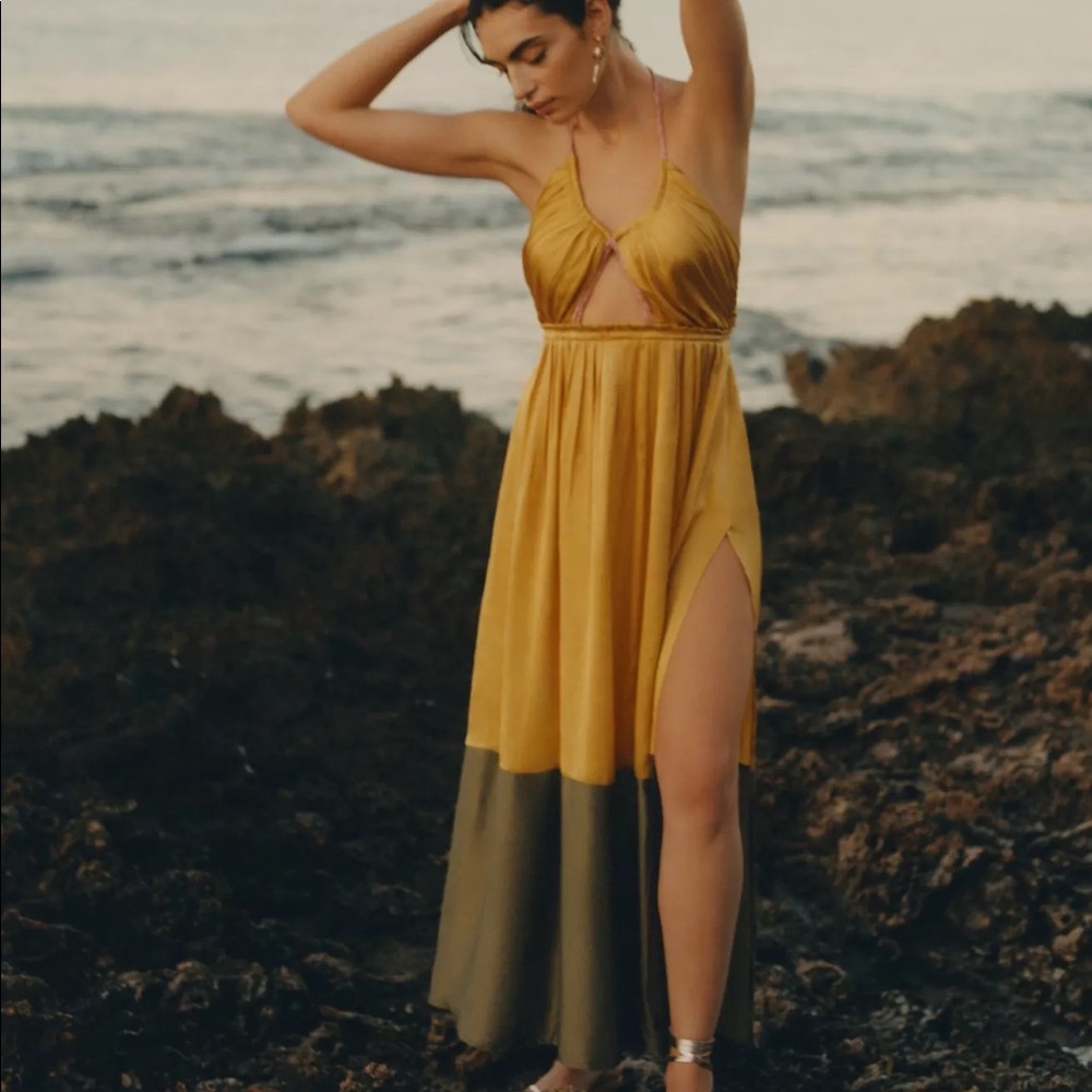 Elegant Yellow and Brown Maxi Dress